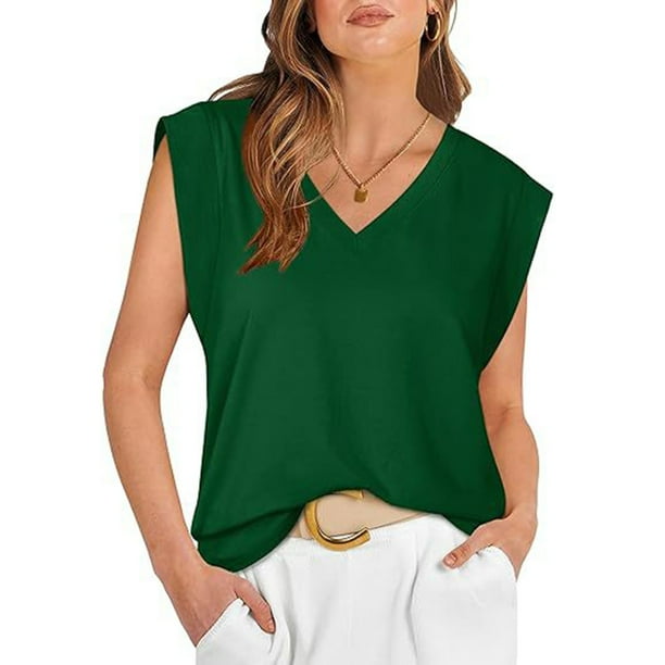 Camiseta sin mangas informal con mangas casquillo para mujer - Camiseta básica holgada para ir de compras o salir de fiesta durante las vacaciones - Tallas S-XXL