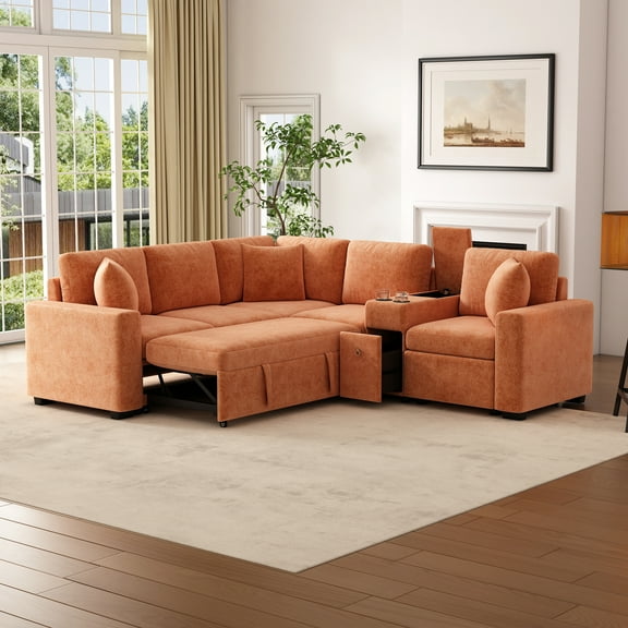 NEW Convertible L-Shaped Sofa Bed with Pull-Out Sleeper – Modular Sectional Sofa with Cup Holders & Ample Storage, Orange Chenille Fabric for Living Room (4 Seat)