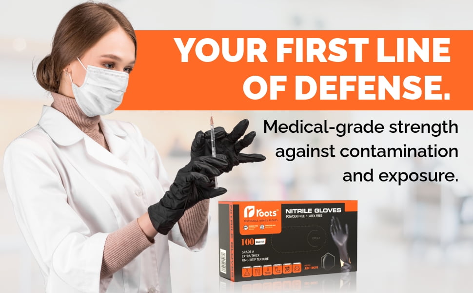 Roots Latex-Free Nitrile Disposable Gloves Box Set, Black, 100 Count