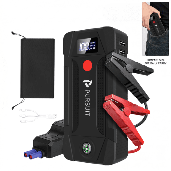Pursuit Car Jump Starter,1000A Peak 12V Battery Booster Jump pack with Compass,Portable Jump Box Starter Power Bank with LED Light for Car SUV
