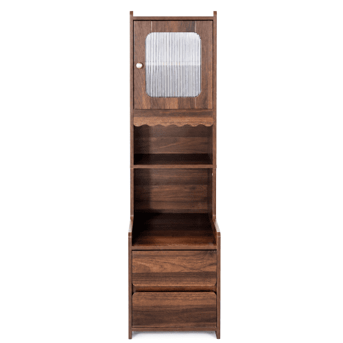 Modern Tall Nightstand with Glass Door and 2 Drawers, Walnut Wood Bedside Table with Open Shelves for Bedroom, Living Room