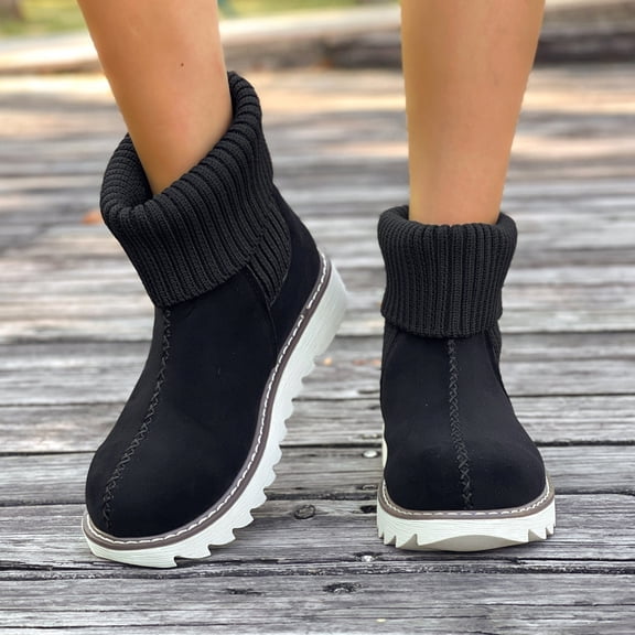 OKBOP Women's Slip-On Boots Round Toe Pull-On Foam Cushioning Block Heel Black Stylish Women's Boots Sizes 36