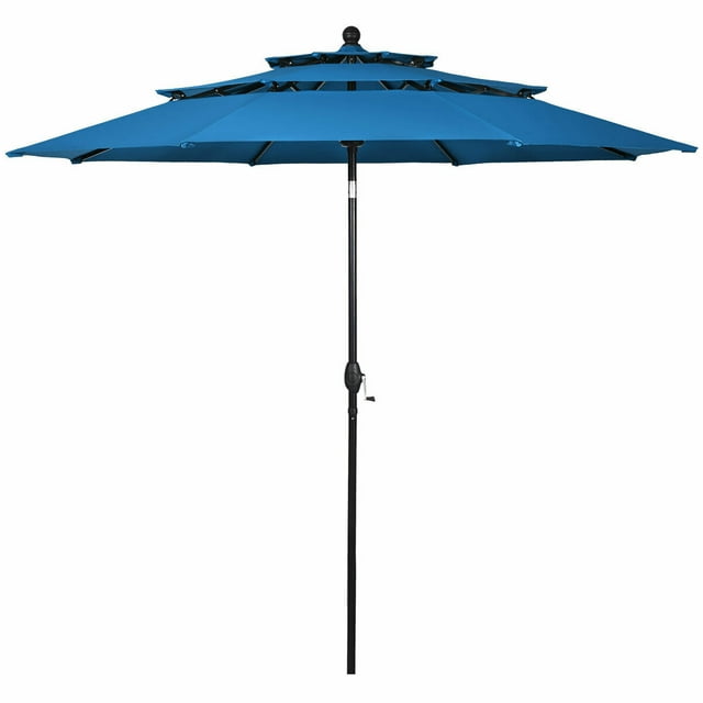 Patiojoy Parasol de Marché Bleu pour Patio 10 Pi à 3 Niveaux, Abri Pare-Soleil en Aluminium à Double Évent