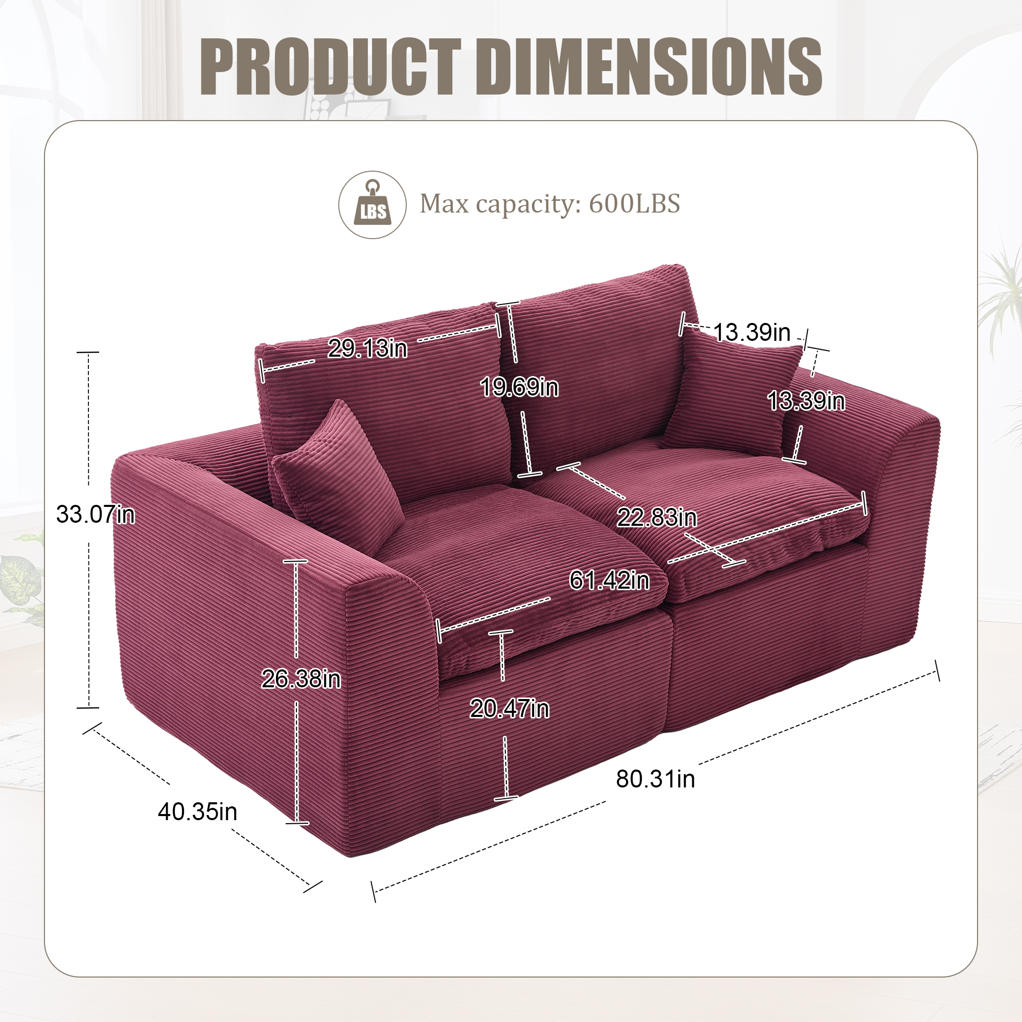 MOONMISS 80.3" Oversized Modular Sofa, Upholstered Corduroy 2 Seat Deep Seat Cloud Couch for Living Room Bedroom, No Assembly Required,Red