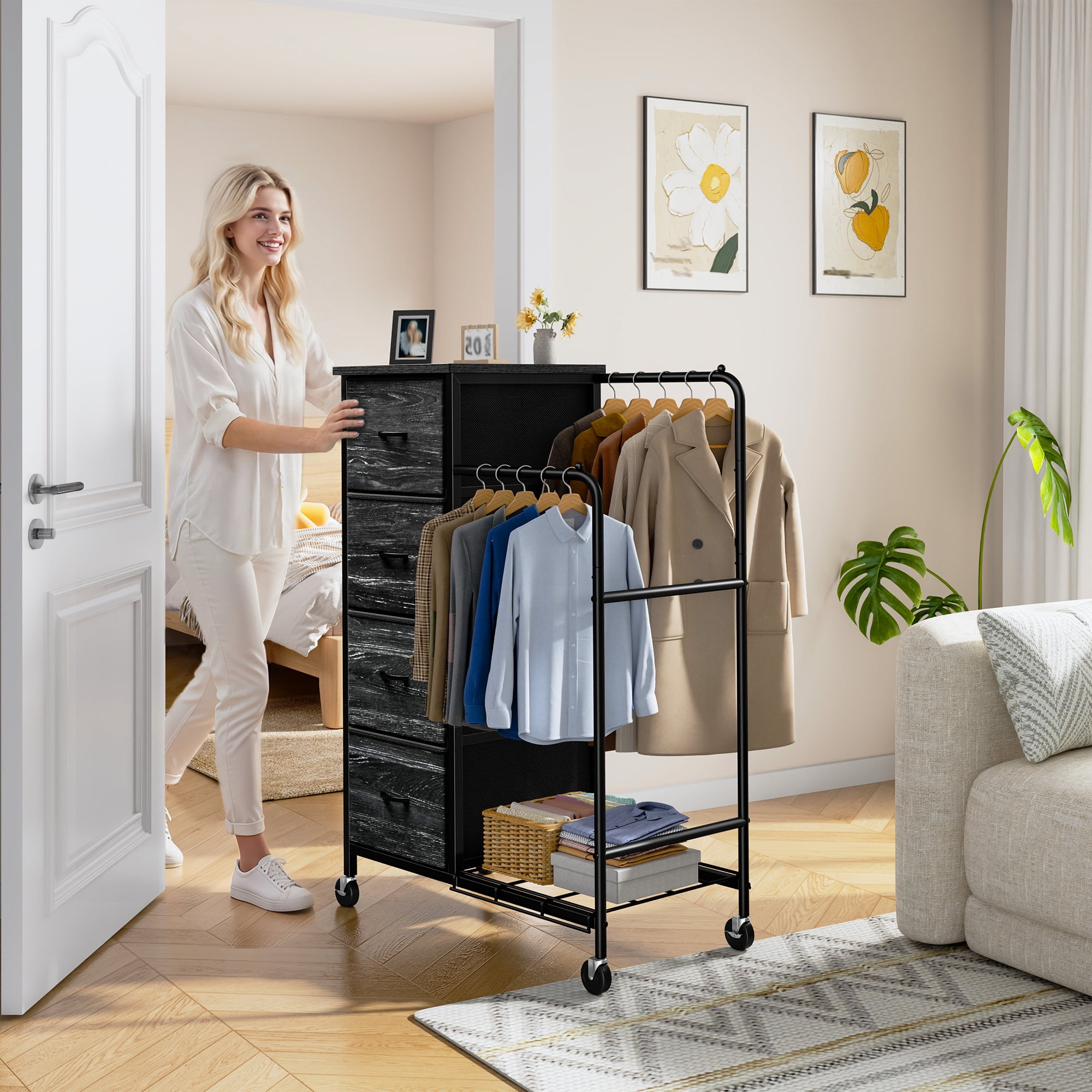 EnHomee Fabric Dresser with 2 Hanging Racks Small Dresser with 4 Drawers for bedroom Small Closet with Clothes Rack, Black