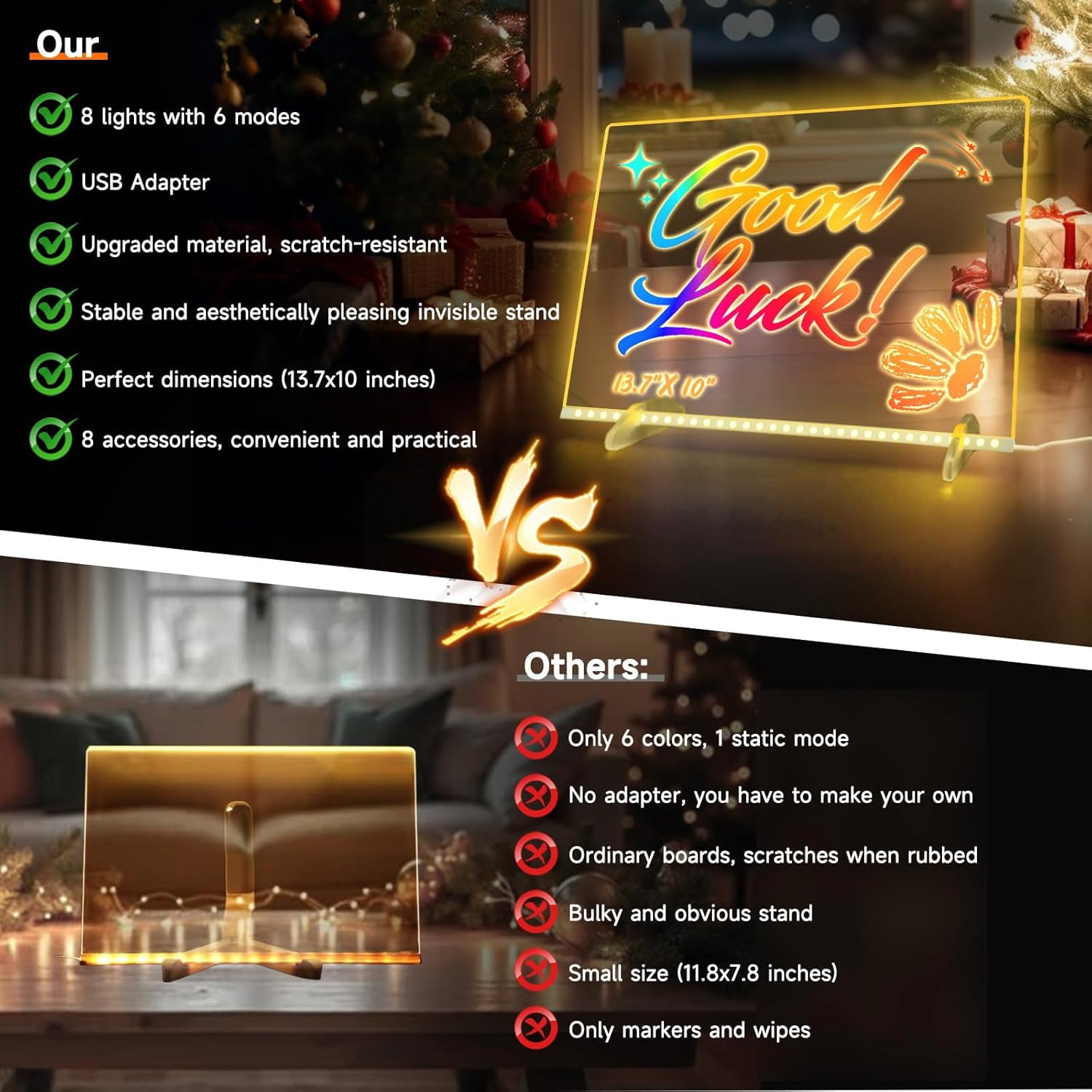 16'' Led Drawing Board for Kids with 8 Colors 6 Modes, Led Note Board with Colors, Light up Acrylic Dry Erase Board Includes Adapter, 7 Markers, Glow Doodle Board Holiday Gifts for Kids/Girls/Teens