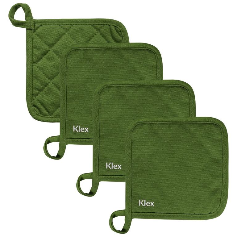 Klex 4pcs Set, 330gsm Heat Resistant Durable Cotton Potholders for Cooking, Baking and Grilling, Green, 6.7inches