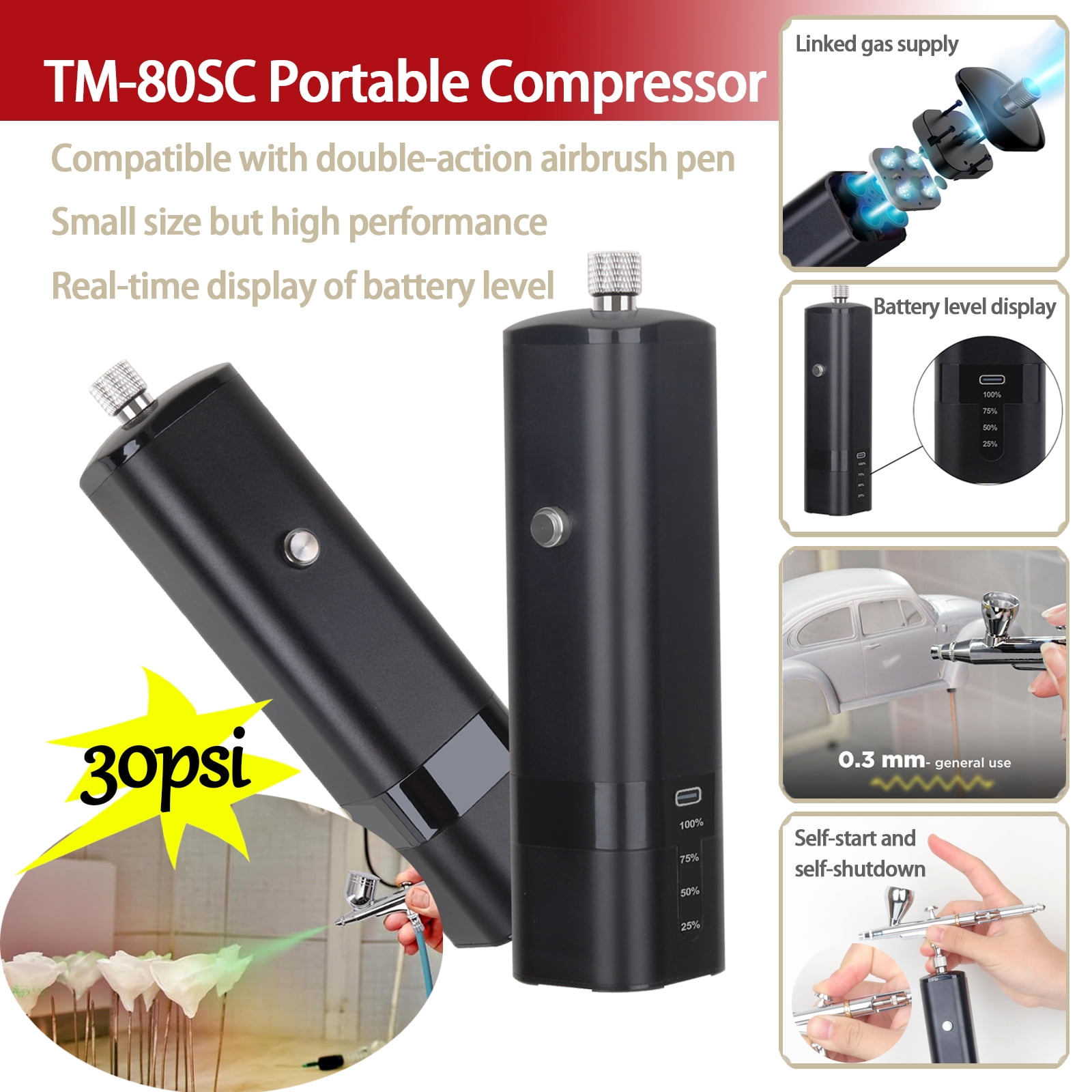 Airbrush Compressor, 32 PSI High Pressure Cordless Compressor Set, Handheld Mini Rechargeable Air Brushes for Painting, Model, Nail, Makeup