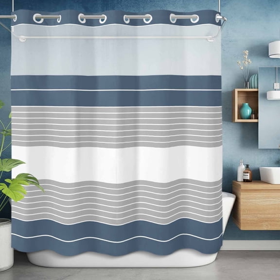No Hook Shower Curtain with Snap in Liner, Haze Blue Gray Stripe Line Waterproof Fabric Bathroom Curtain Mesh Top Window, Shower Curtains 72x72in