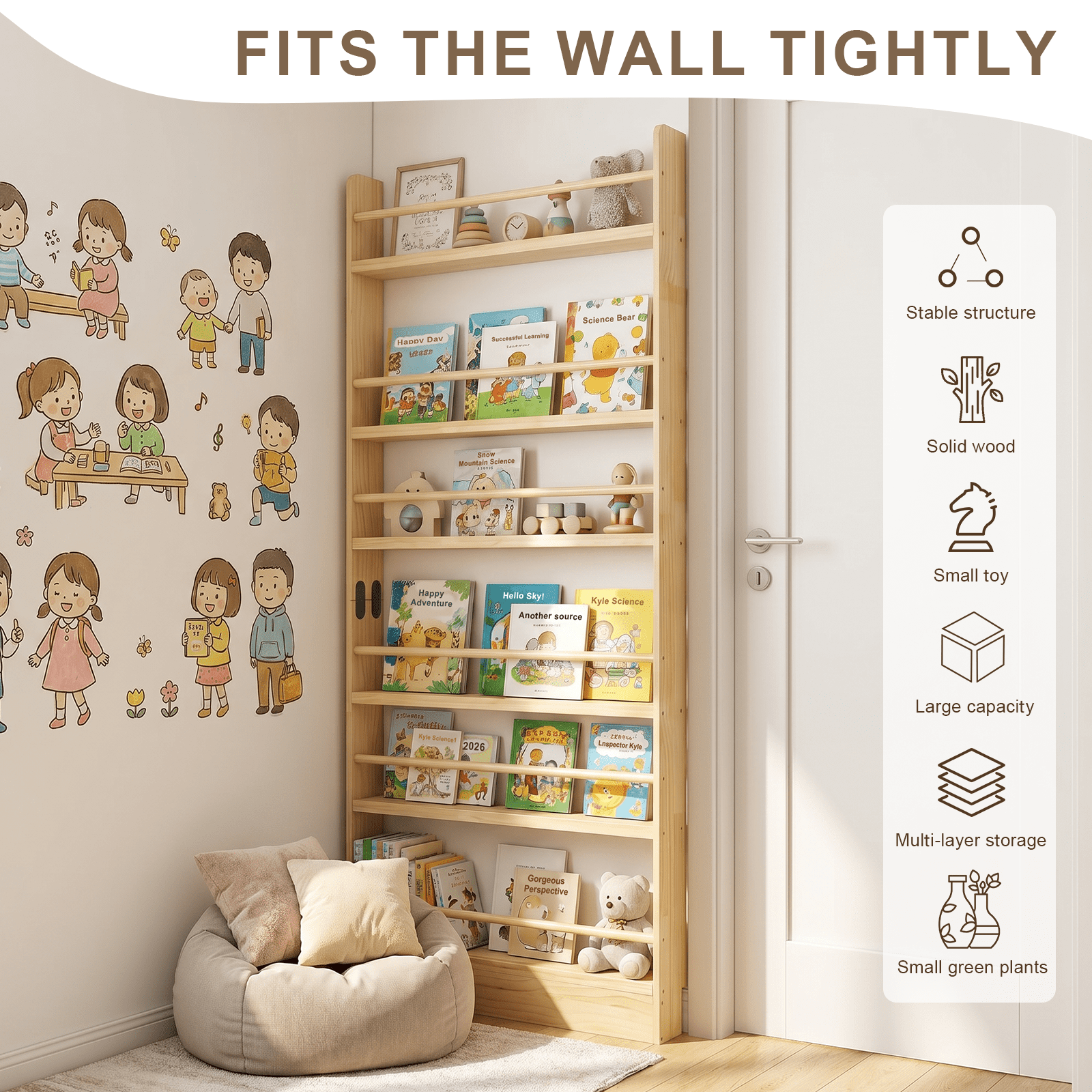 Behind the Door Bookshelf 31.5x4x68.38 Inch Solid Wood 6-Shelf Narrow Storage for Living Room Bedroom Entryway