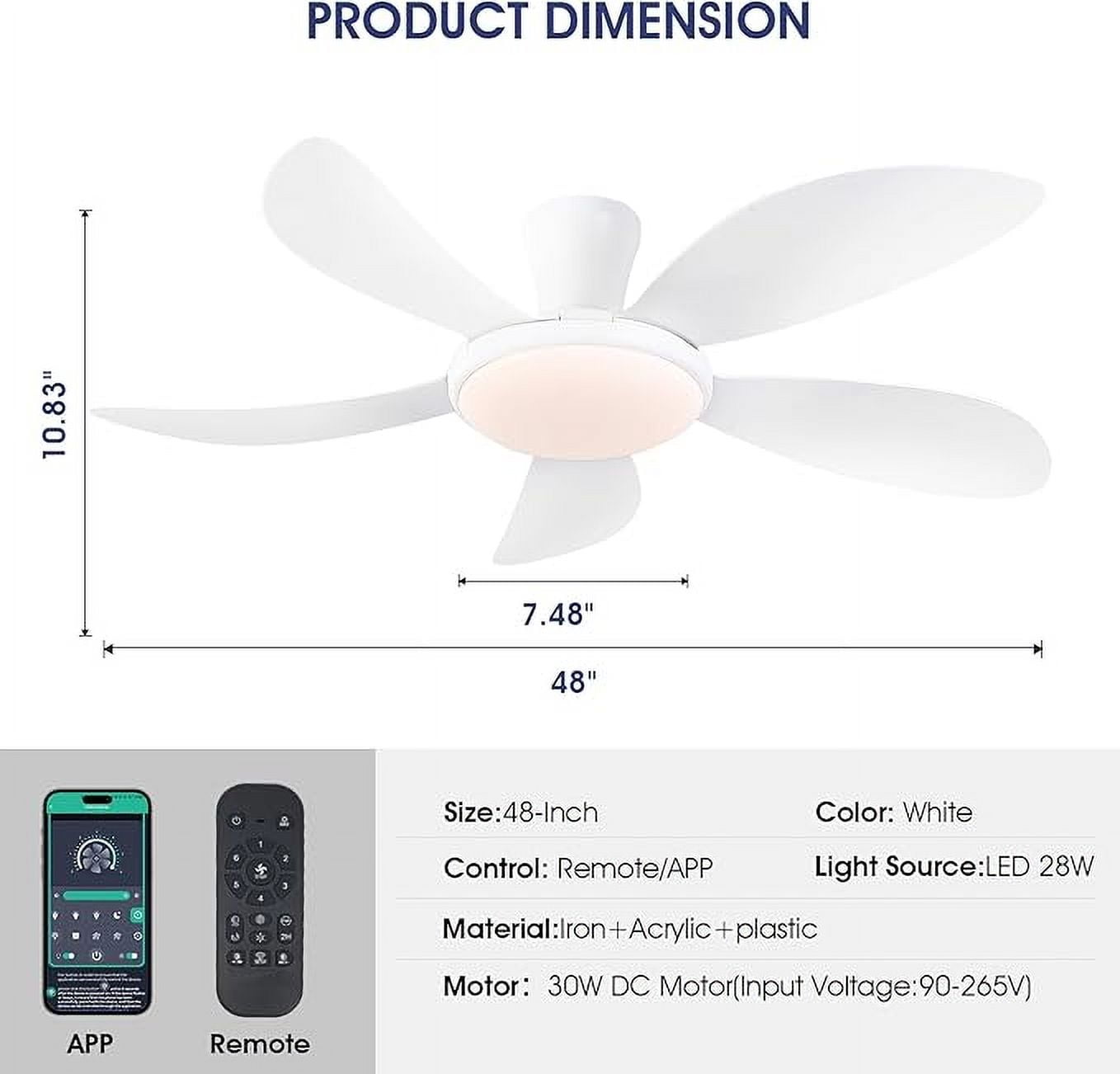 YIOSI 48" White Low Profile Ceiling Fan with LED Lights, Remote & App Control, 6 Speeds, Quiet Reversible DC Motor, Dimmable 3 Color Options, Timer, Energy Efficient for Indoor/Outdoor Use