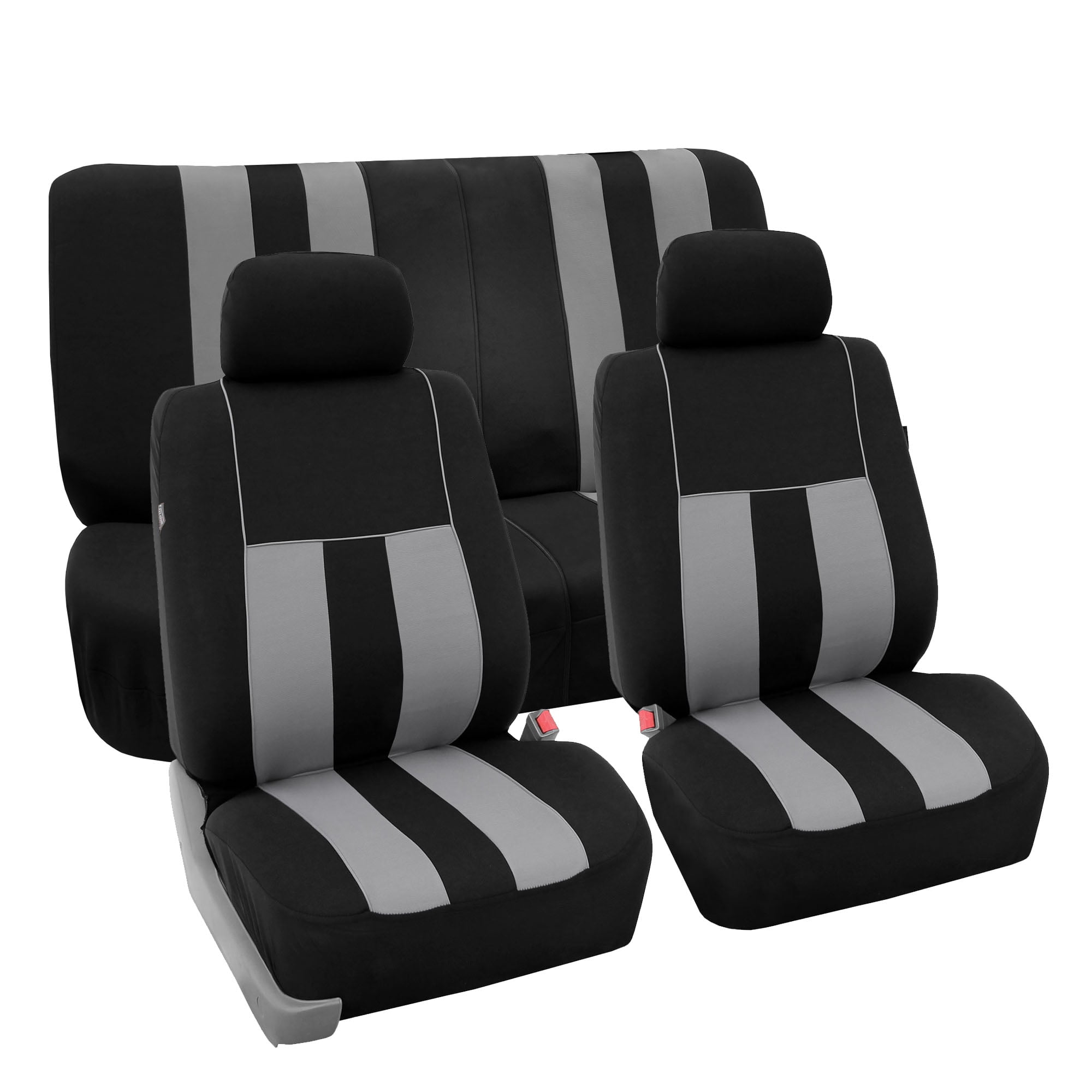 FH Group Striking Striped Seat Covers fro Auto, 2 Headrest Cover Full Set, Black and Gray