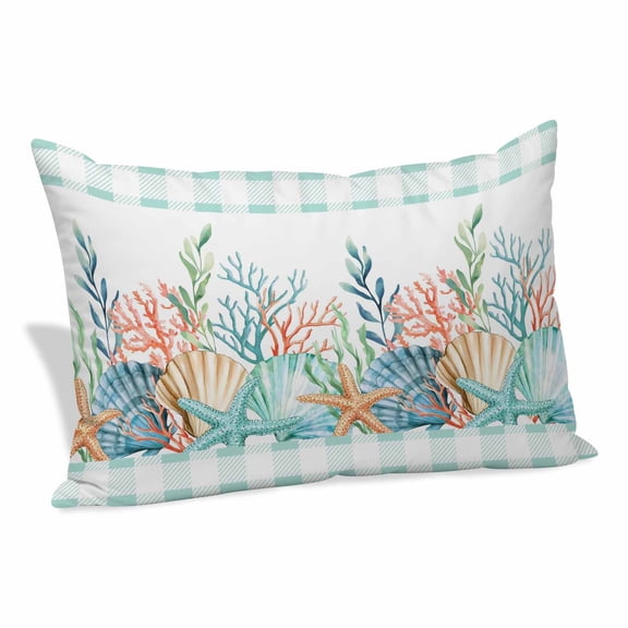 Nautical Coastal Pillow Covers 16"x24", Summer Sea Corals Shells Starfish Green Plaid Soft Brushed Microfiber Breathable Throw Pillow Covers, Decorative Pillowcase with Zipper for Couch Sofa Bedroom