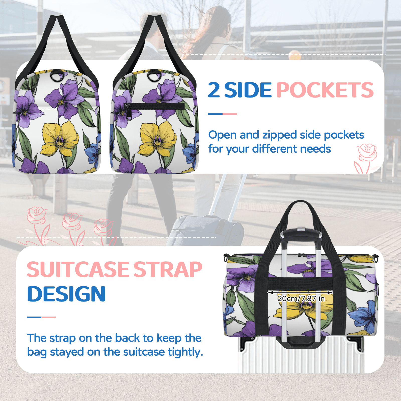 Herdesigns Floral Travel Duffle Bag Sports Yoga Weekender Overnight Carry on Workout Bags Lightweight Waterproof Gym Tote Bag for Women Colorful Floral