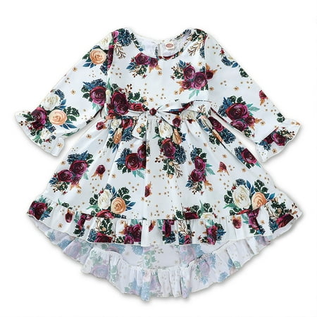 

Children Girls Long Sleeve Flower Printed Bow Tie Dresses Princess Dress