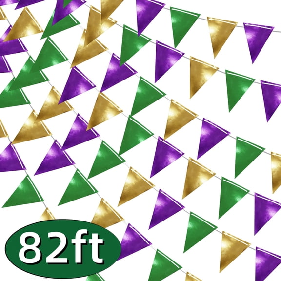 Mardi Gras Banners Party Decorations Purple Green Gold Metallic Triangle Pennant Banner Flag Hanging Bunting Garland for Party Supplies 82ft Design 1