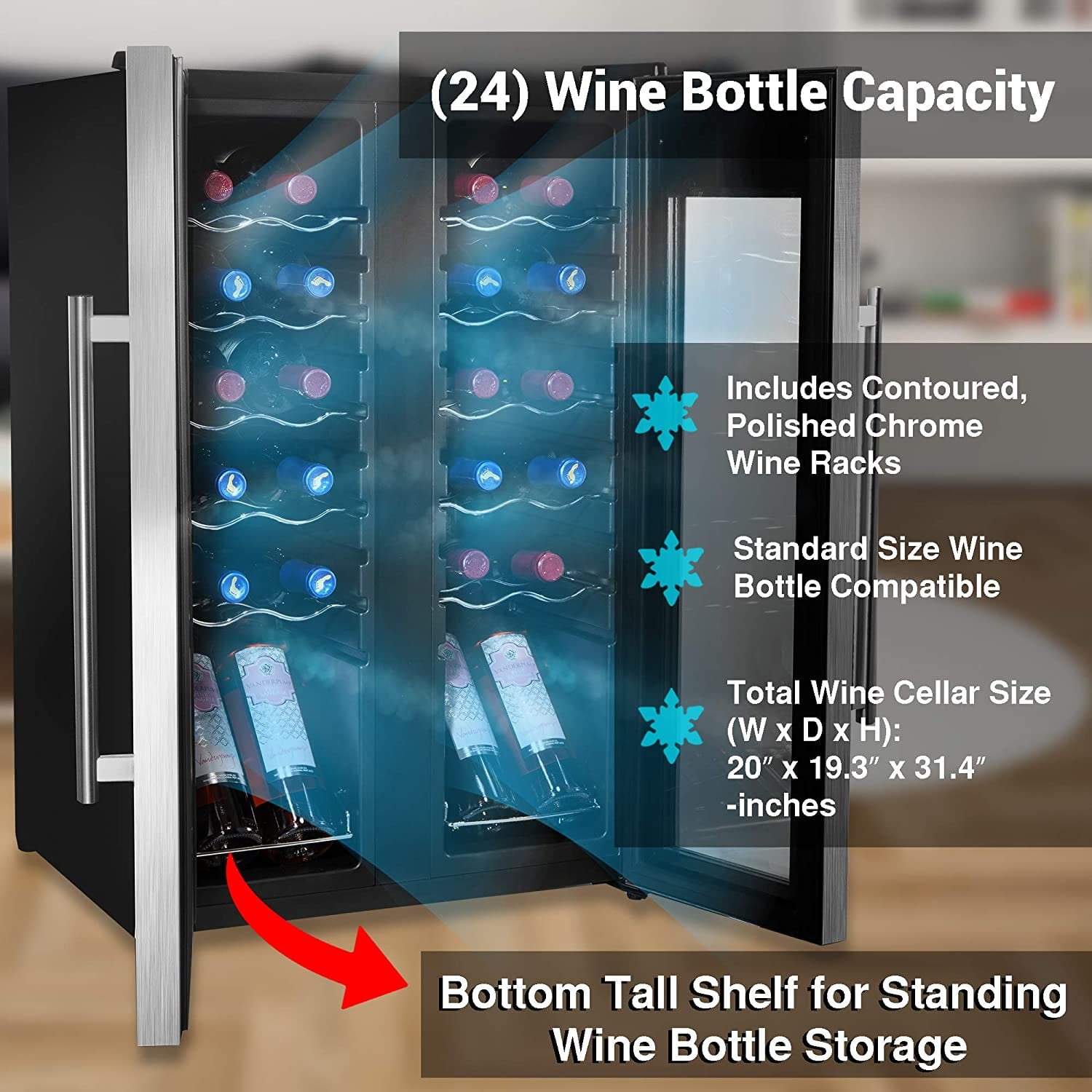 24 Bottle Wine Cooler Refrigerator - White Red Wine Fridge Chiller Countertop Wine Cooler - Freestanding Compact Mini Wine Fridge 24 Bottle w/ Digital Control, Stainless Steel Door - NutriChef PKCWC24