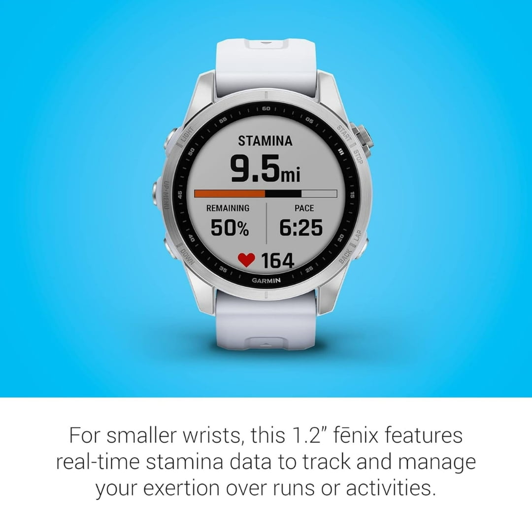 Restored Garmin Fenix 7S GPS Smartwatch Touchscreen Silver with Whitestone Band (Refurbished)