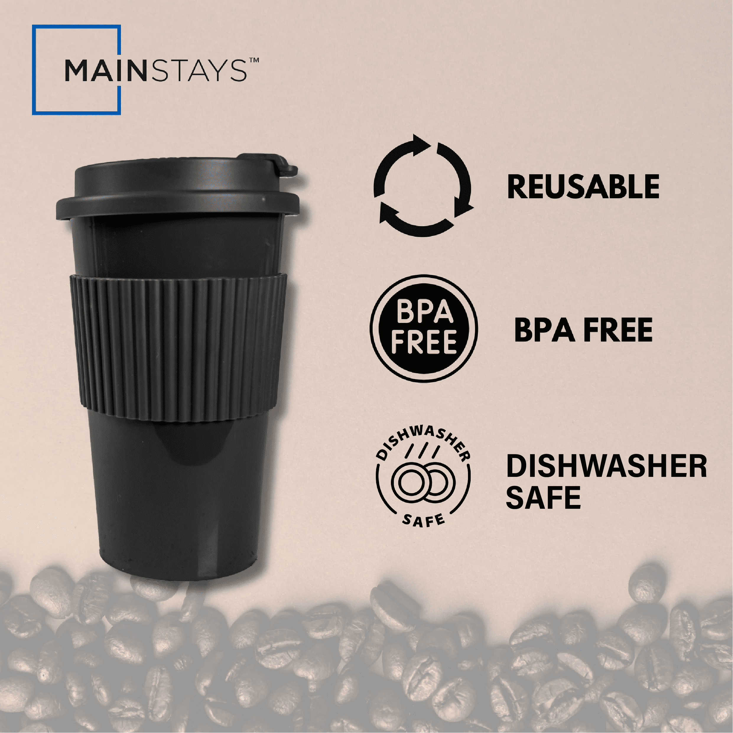 Mainstays 18oz Rich Black Plastic Travel Coffee Cup with Lid