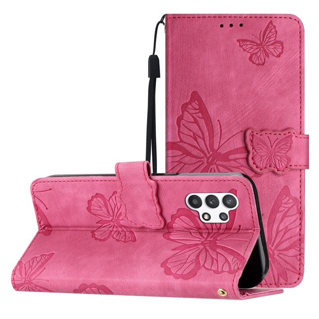 Compatible with Samsung Galaxy A32 5G embossed butterfly case in pink, crafted from high-quality PU leather. This wallet case includes three card slots, a cash pocket, and a magnetic closure for secure storage. It offers full-body protection, covering the phone's edges and back, and features a kickstand for hands-free viewing. The embossed butterfly design adds a stylish and elegant look.