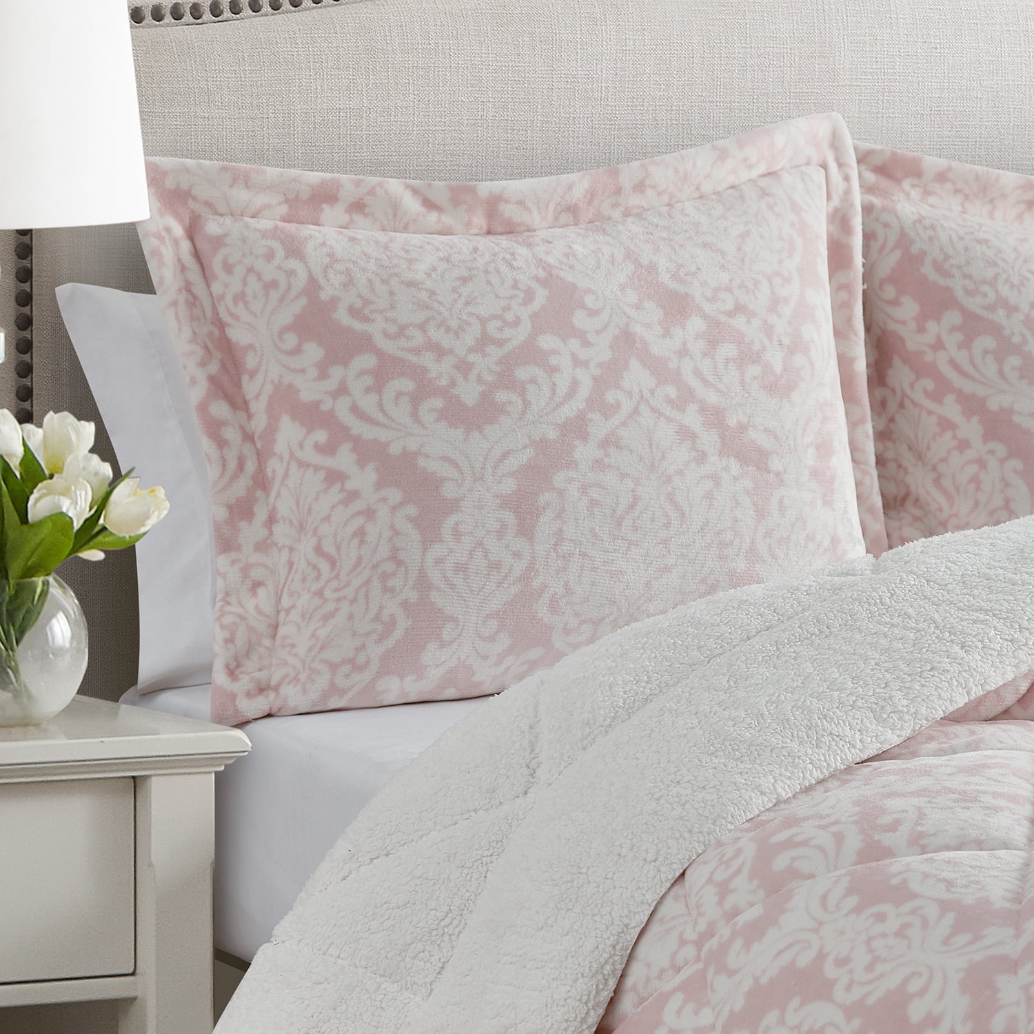 Cedar Court Hyde Damask Blush 3-Piece Ultra Plush/Sherpa Comforter Set - King