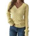 thumbnail image 3 of Women Long Sleeve Cable Knit Sweater Fashion V Neck Fitted Pullover Top Business Casual Fall Outfits Yellow L, 3 of 9