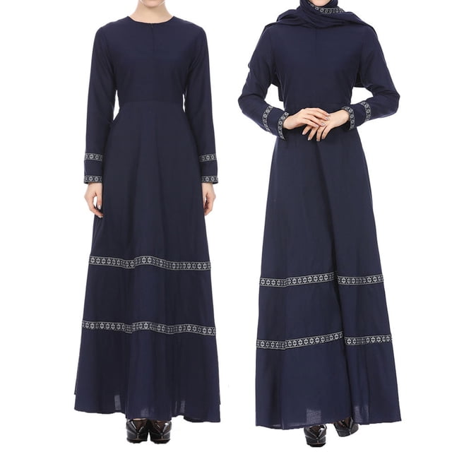 FcBaudy Longues Robe à Manches à Col Rond Kaftan Musulman Jilbab Femmes Robe Maxi Vintage en Dentelle à Manches Longues Robe pour Femmes