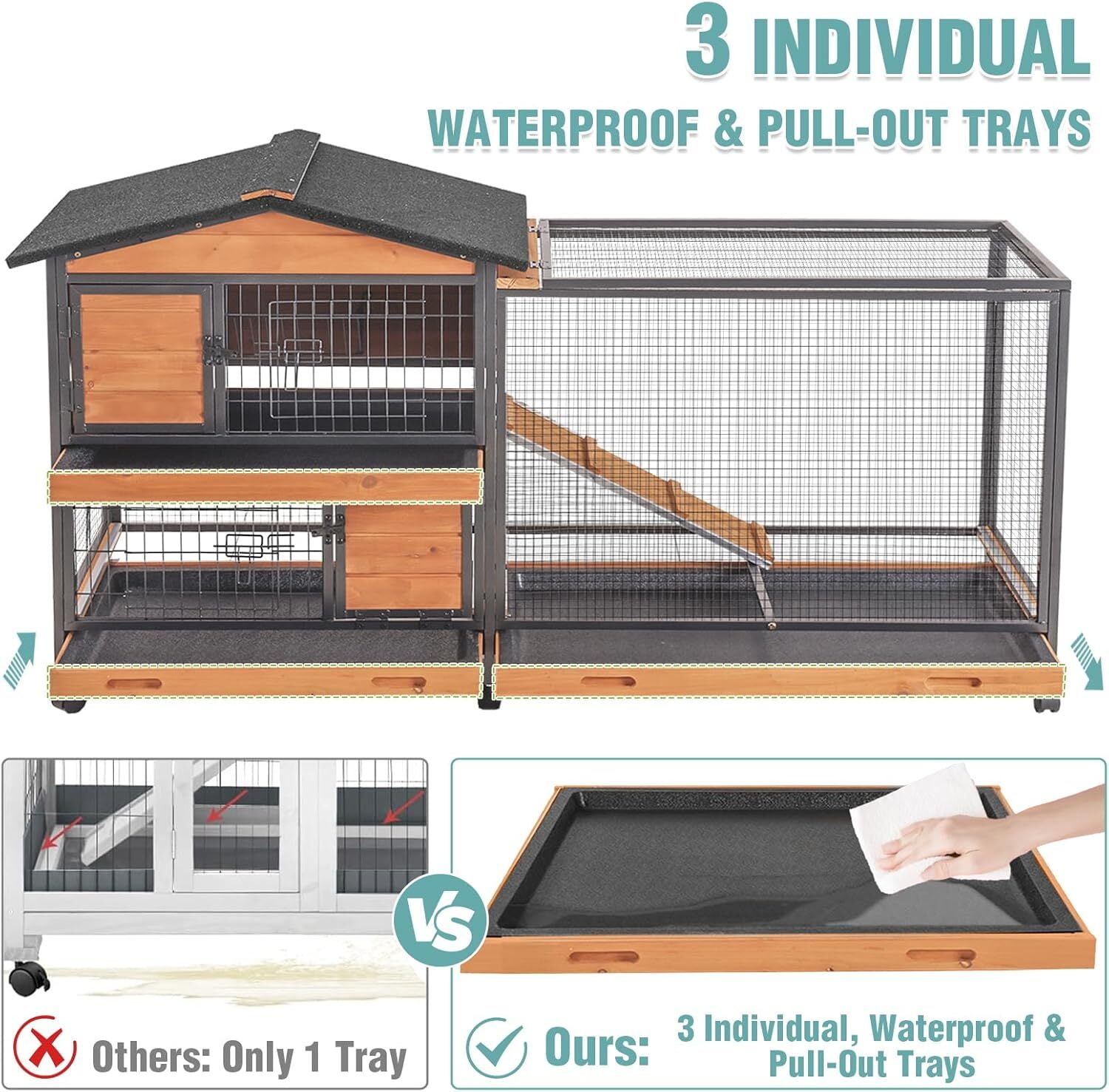 Aivituvin 2-Story Rabbit Cage with Chew-Proof Metal Frame for Indoor/Outdoor 62" Bunny Hutch Guinea Pig Wooden Cages with Wheels & 2 Removable Trays