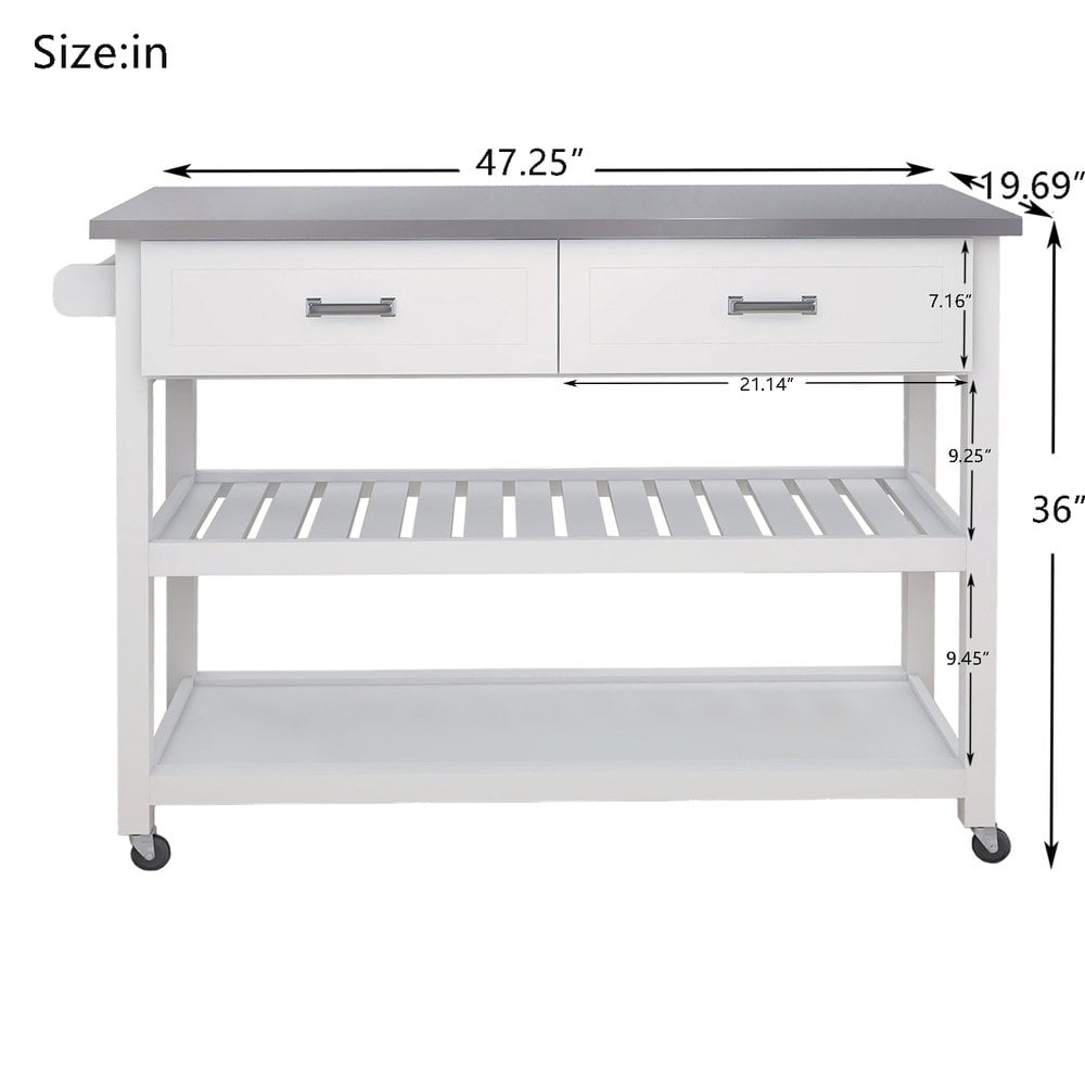 Hassch Kitchen Island with 2 Drawers Stainless Steel Table Top Storage Cabinet on Wheels, White