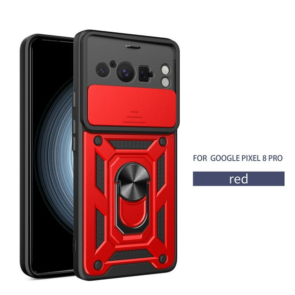 Heavy Duty Case for Google Pixel 8 Pro with Camera Lens Sliding Cover & Ring Holder Kickstand, Shockproof Rugged PC Soft TPU Hybrid Magnetic Car Mount Case for Google Pixel 8 Pro, Red