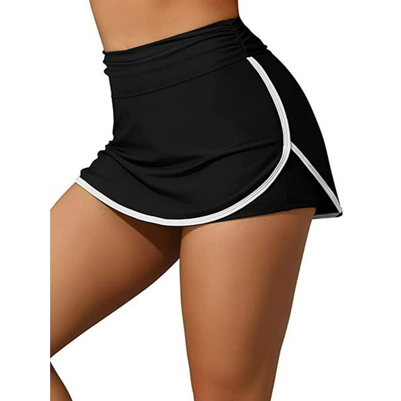 ALove Womens Solid Swim Bottoms Shirred Waistband V Slit Swim Skirts Built-in Shorts