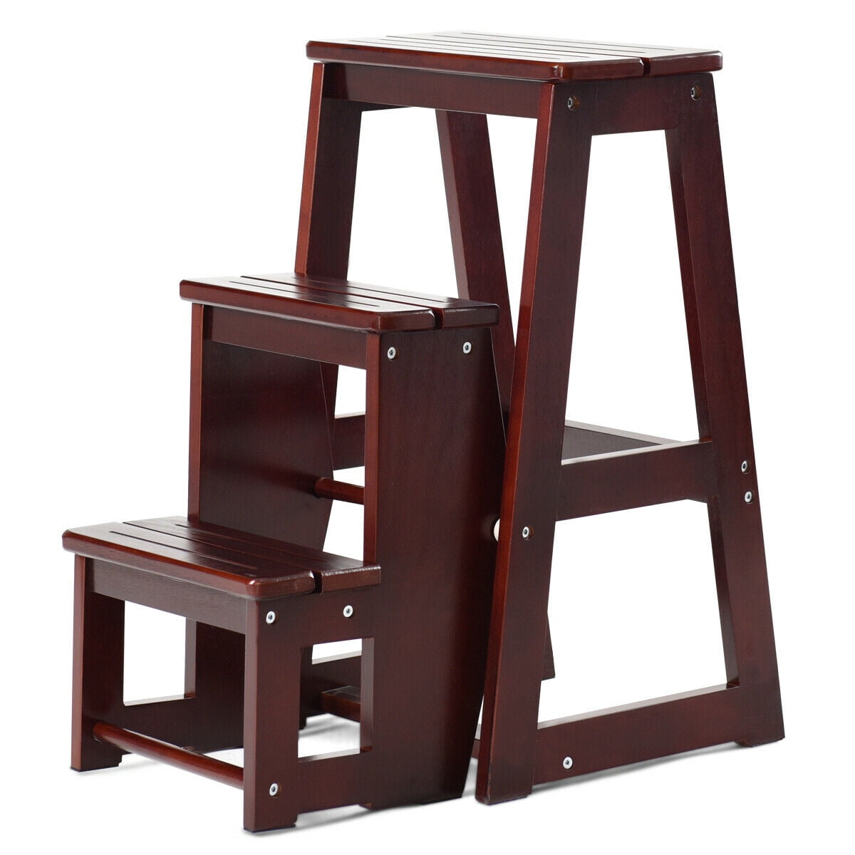 Costway Wood Step Stool Folding 3 Tier Ladder Chair Bench Seat Utility ...