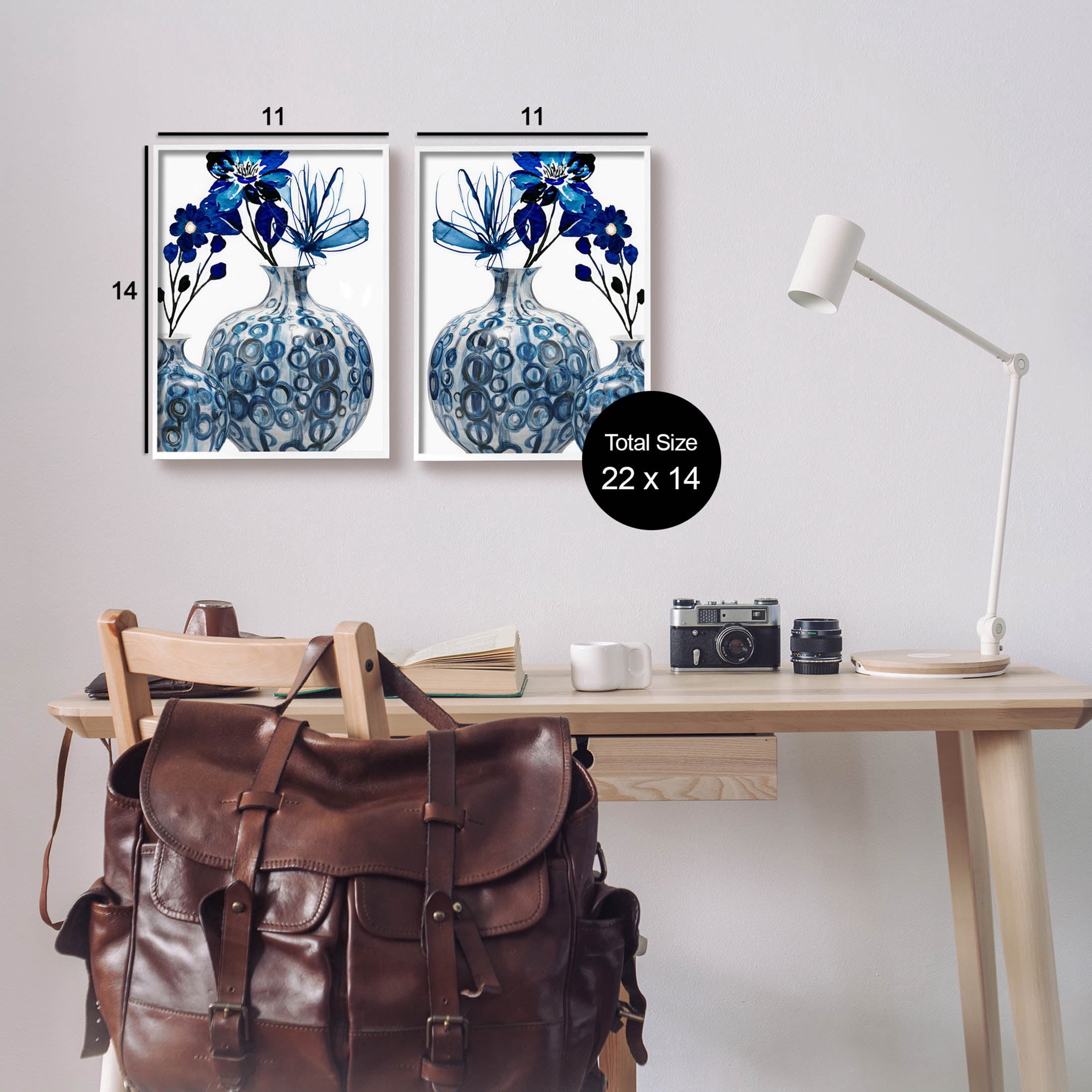 Bold Blue Ikebana Patterned Vase Botanical & Floral Graphic Art White Framed Art Print Wall Art, Set of 2