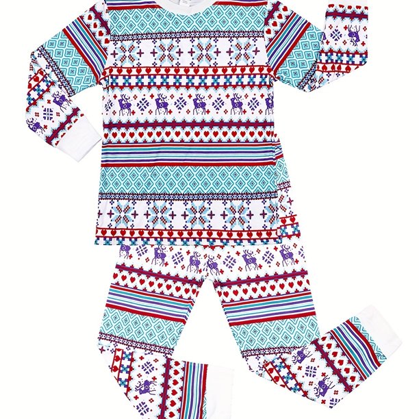 Pijama De 2 Piezas De Estilo Navideño Para Niños, Conjunto De Pantalones Y Top De Manga Larga, Ropa De Salón De Algodón Con Estampado Geométrico, Conjunto De Pijama Informal Cómodo, Ropa De Niña