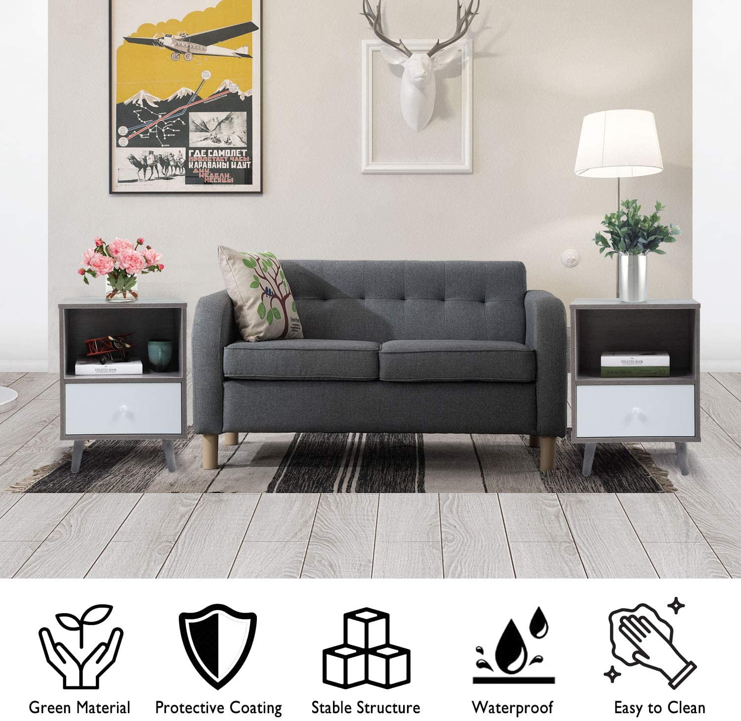 Modern Wood Nightstands with Drawer, Open Shelf and Solid Wood Legs, End Table for Living Room (2-Pack, Grey+White) Modern Wood Nightstands with Drawer, Open Shelf and Solid Wood Legs, End Table for Living Room (2-Pack, Grey+White)