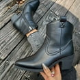 thumbnail image 4 of Womens Vintage Mid Calf Cowboy Riding Boots Casual Leather Pointed Toe Chunky Heels Wide Calf Western Cowgirl Short Booties Black Size 6.5, 4 of 6