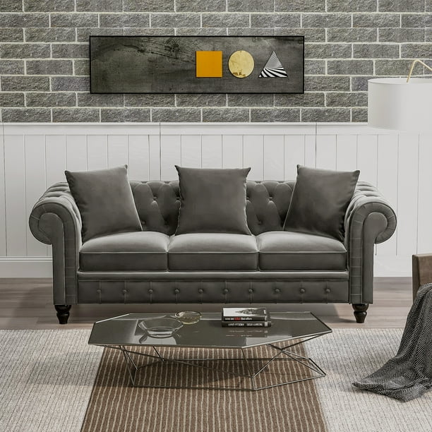 Sofa Roll Arm Classic 80 Chesterfield Deep On Tufted Velvet Upholstered 3 Seat Pillows Included Com Sofa Roll Arm Classic 80 Chesterfield, Titanic Furniture Breathable Leather Sofa In Black