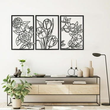 3 Pieces Metal Flower Wall Decor, Metal Door Art Wall Sculptures, Minimalist Floral Wall Hanging for Indoor Living Room Kitchen(Black)