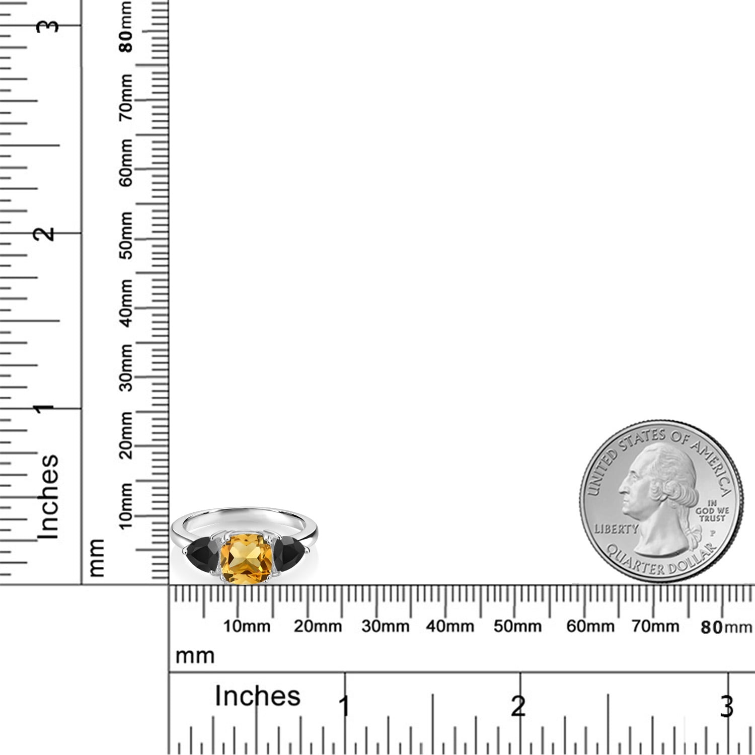 Gem Stone King 925 Sterling Silver Yellow Citrine and Black Onyx 3 Stone Engagement Ring for Women (2.12 Cttw, Gemstone November Birthstone, Available in Size 5, 6, 7, 8, 9)