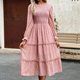thumbnail image 1 of Vestido Estampado Floral Vestido de una línea para mujer Vestido midi plisado con cuello redondo Vestido largo fluido informal ajustado Kuymtek Rosa L para Mujer, 1 of 6