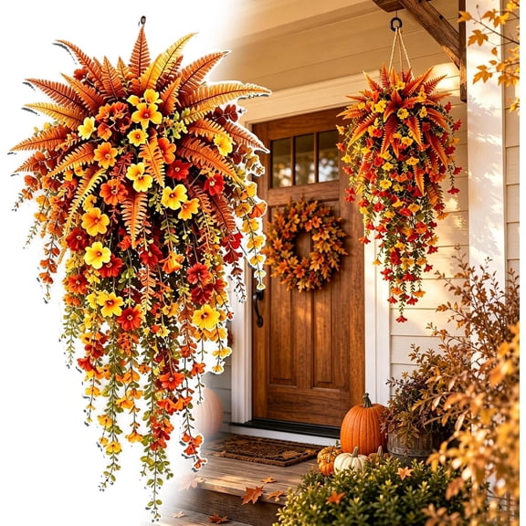 Artificial Fall Hanging Baskets -Fall Hanging Baskets Outdoor (1PCS) | Fall Hanging Baskets, UV-Resistant Faux Outdoor Fall Flowers for Autumn