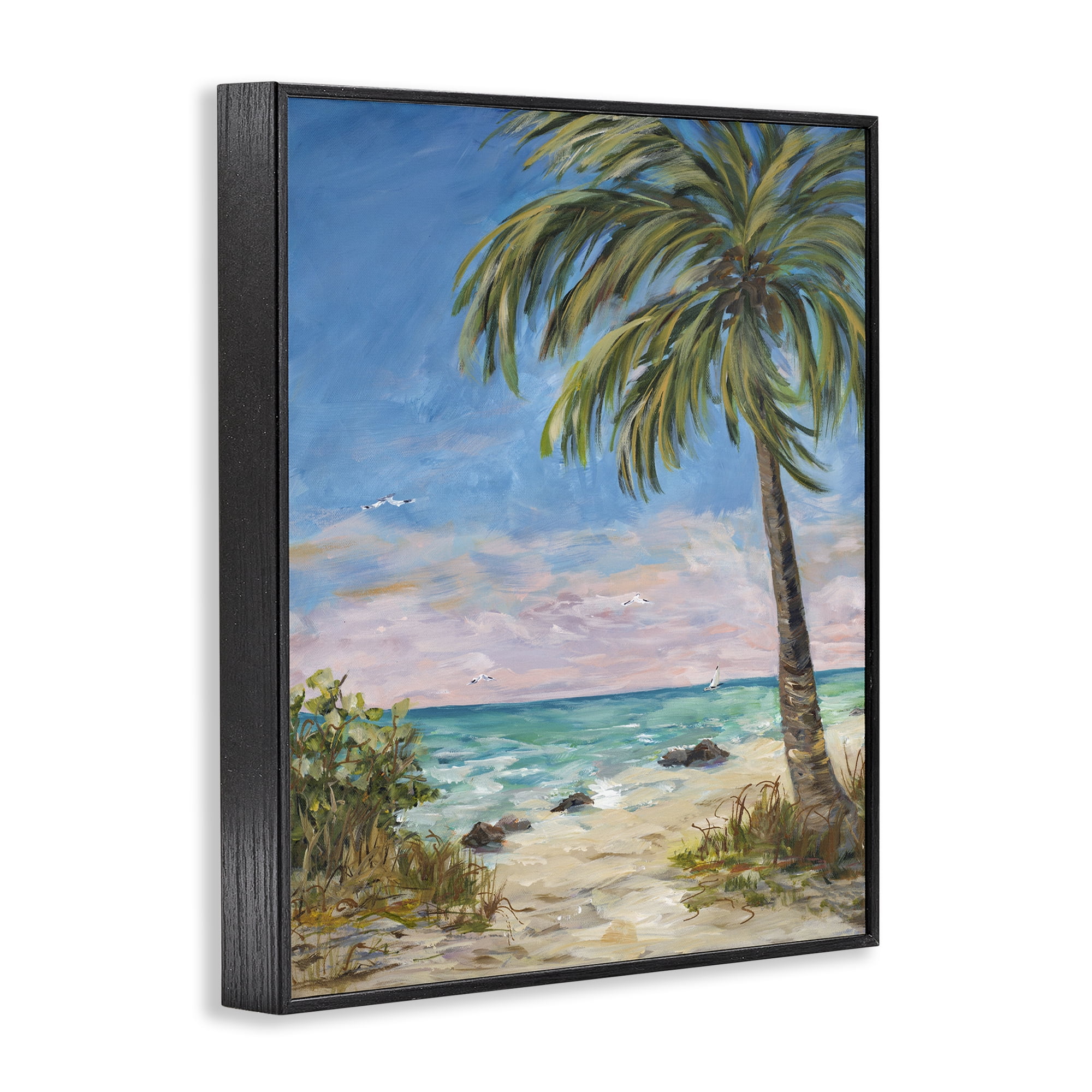 Stupell Industries By the Single Palm Coastal Painting Black Framed Art Print Wall Art, 11 x 14