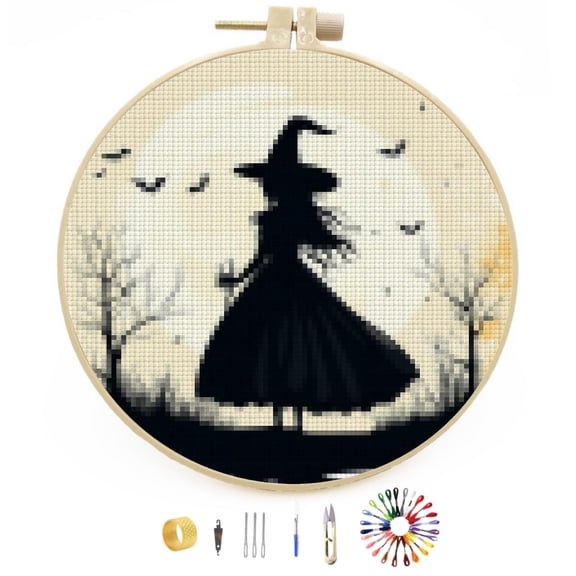 DIY Stamped Cross Stitch Kits Halloween Witch Easy for Beginners with Hoop 11CT Counted Embroidery Needlepoint Crafts Arts for Handmade Enthusiasts and Home Decor 30x30cm(1)