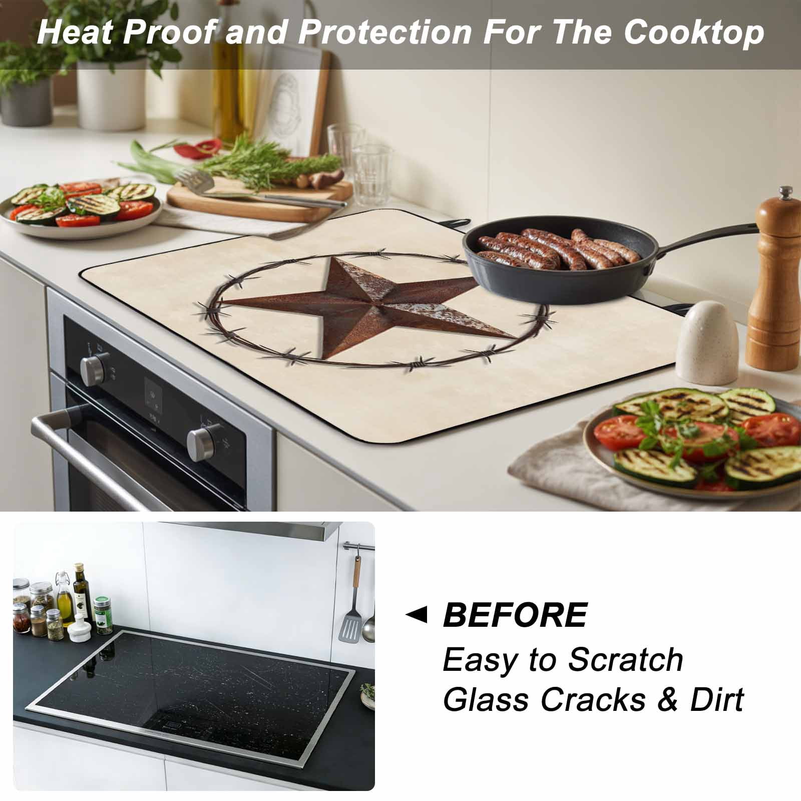Texas Star Farmhouse Stove Top Cover for Electric Stove, Heat-proof & Non Slip Glass Top Stove Cover Protector, Western Country Stars Retro Kitchen Flat Cooktop Rubber Mat 24x21 Inches