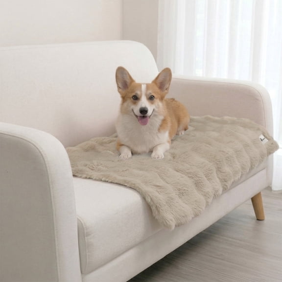 Paw Inspired Waterproof Dog Blanket 40x30", Soft Faux Fur Throw with Fur-Resistant Fleece, Washable Pet Blanket, Waterproof Protection for Couch, Bed, Furniture, Crate, Car (Tan)