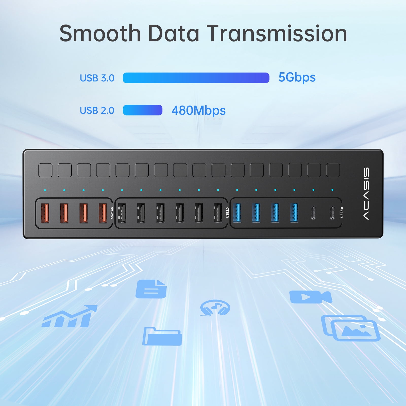 ACASIS 16 Ports USB 3.0 Hub with 5Gbps Data Speed，Aluminum Housing, USB Hub Powered with 60W Power Adapter, USB Hub for PC/Laptop, Computer, Flash Drive, Printer, Camera