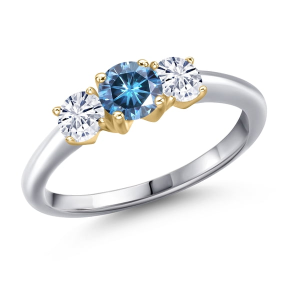 Gem Stone King 925 Silver and 10K Yellow Gold Persian Blue Moissanite and White Moissanite Engagement Ring for Women | 0.96 Cttw | Round 5MM | Gemstone Birthstone | Size 6