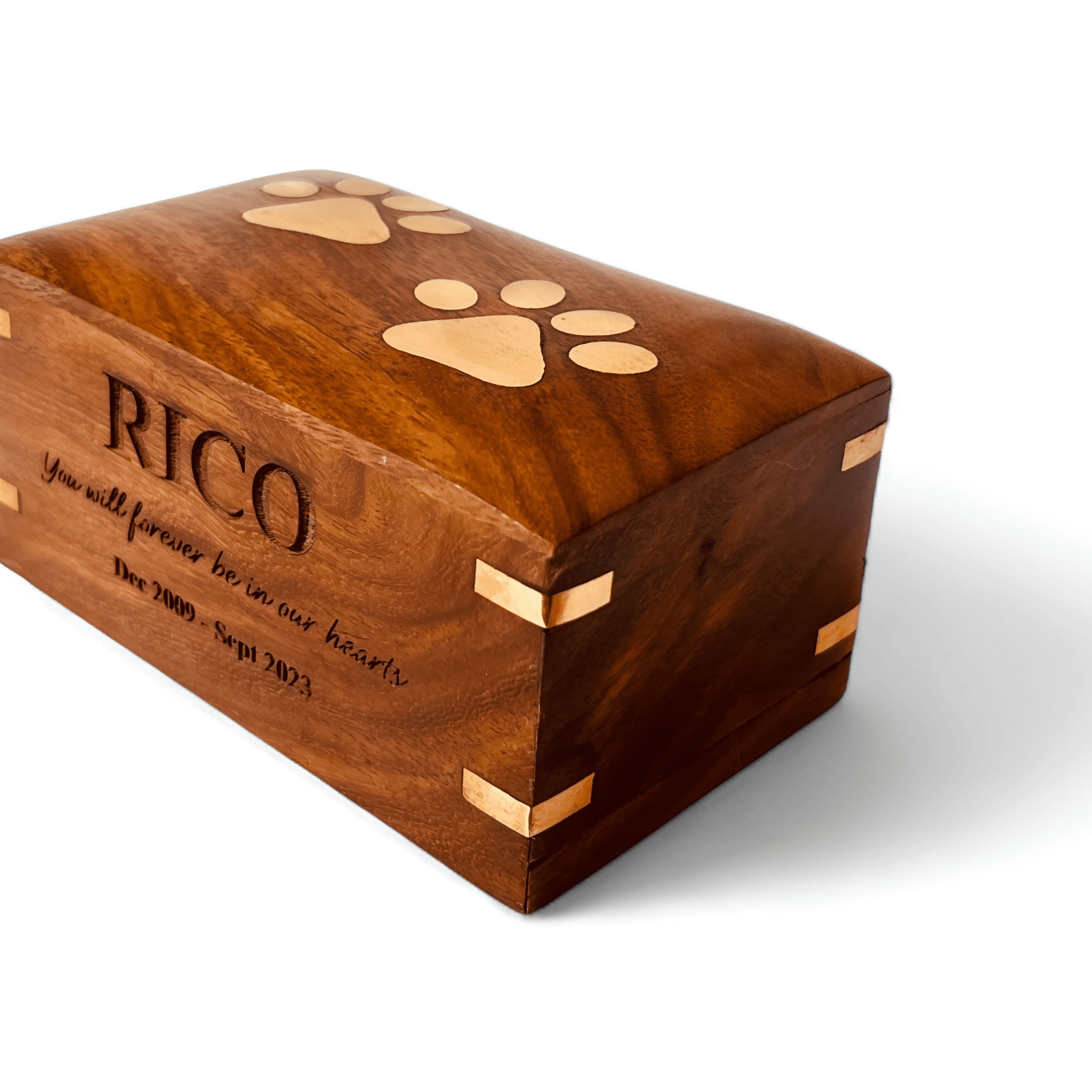 Personalized Cremation Urns for Dog Ashes - Engraved Rosewood Pet Urn with Brass Inlaid Paw Prints - Memorial Wooden Keepsake Box for Pet Ashes