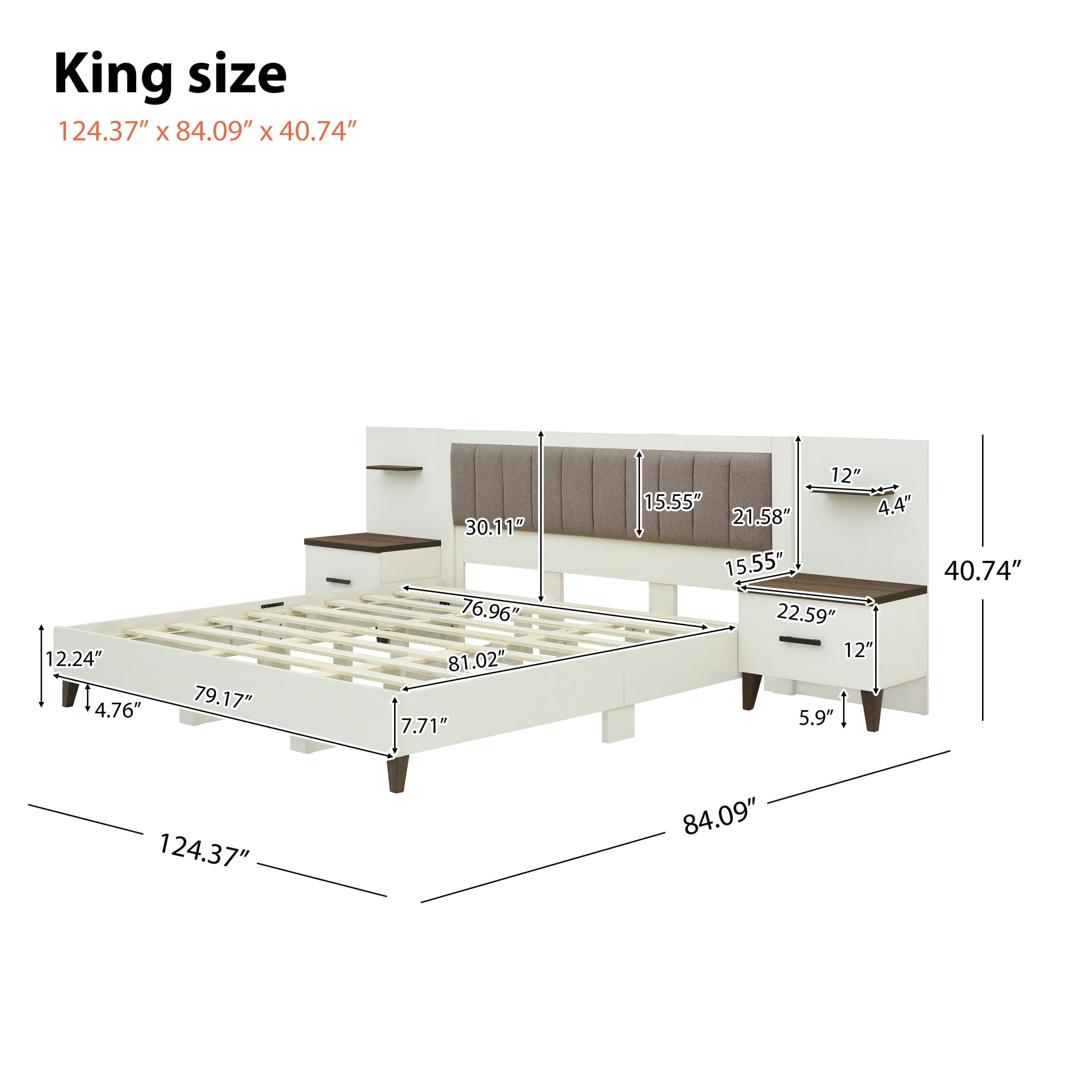 Christopher Knight Home Upholstered King Bed Frame with 2 Nightstands & Floating Shelves, Brown+White
