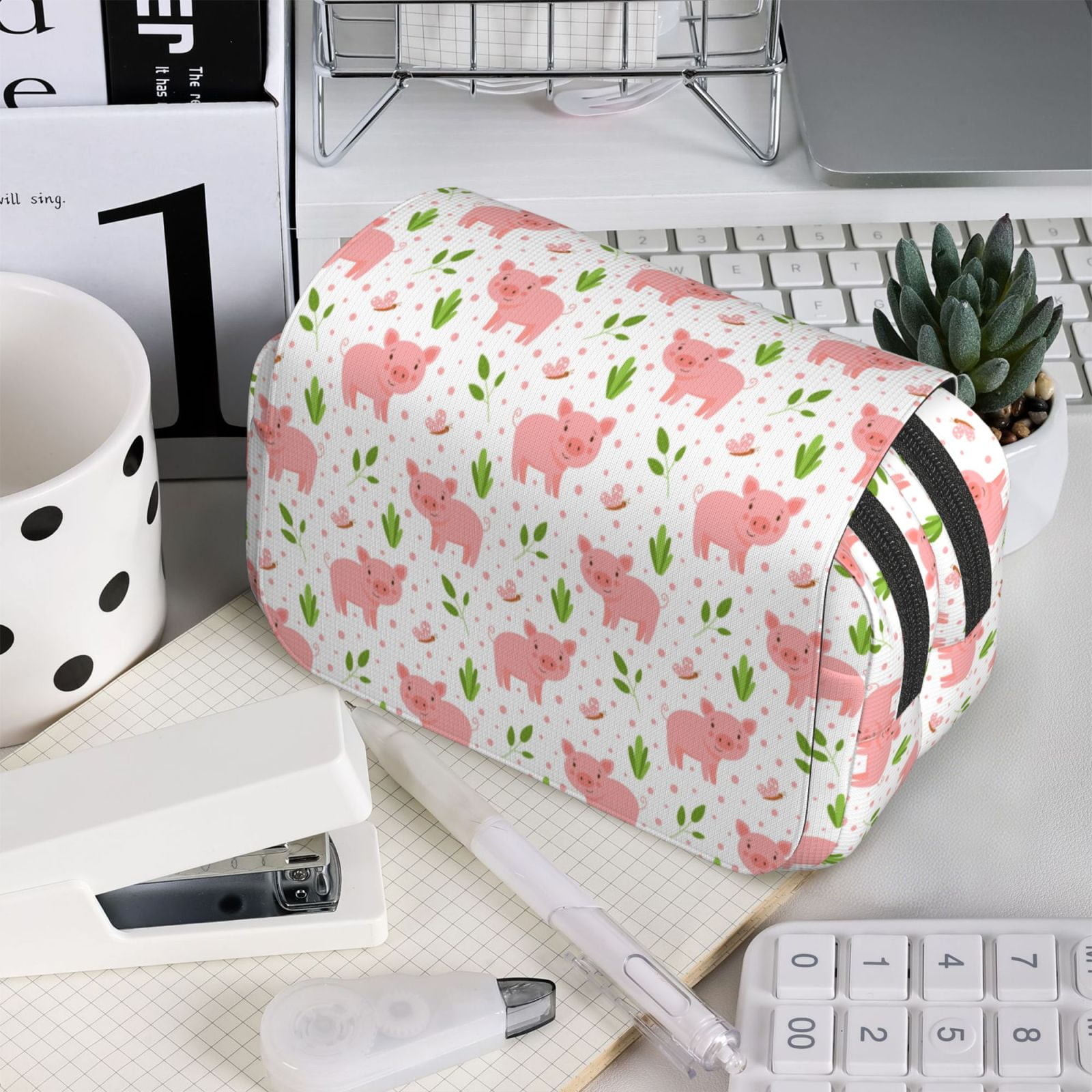 Rateoe Funny Little Pigs Pattern Double Clamshell Pen Case, Storage Organizer with Two Zipper Compartments– Holds Up to 50 Pencils & Pens
